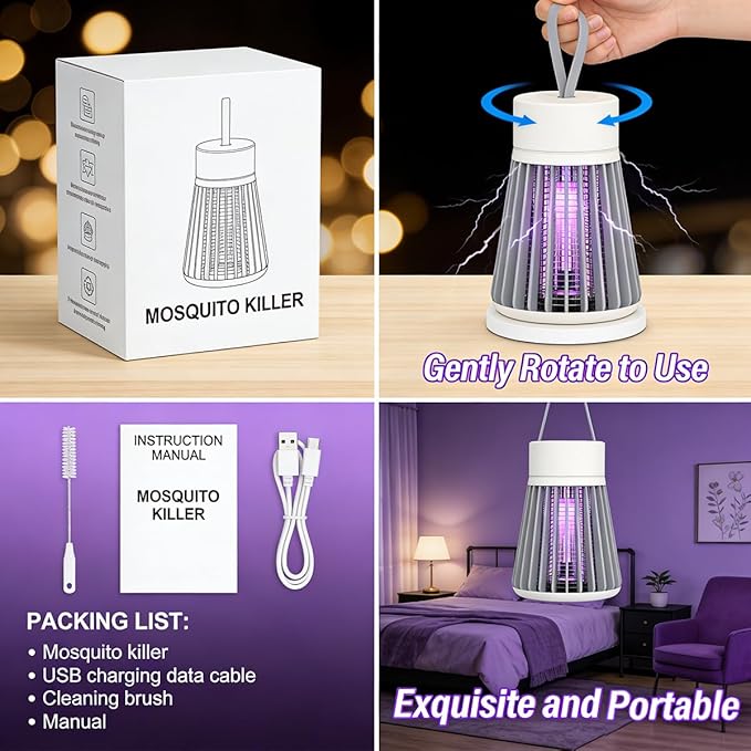 Bug Zapper Outdoor and Indoor Mosquito Zapper, Hanging Rechargeable Mosquito Killer Lamp - Portable UV Insect Trap for Indoor/Outdoor, USB-Powered with Grid for Camping, Bedroom, Patio, Kitchen