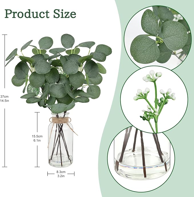 Bessol Artificial Eucalyptus Stems in Glass Vase 14" 6Pcs Faux Eucalyptus Branches Home Table Decor Fake Greenery Plants Stems for Farmhouse Wedding Centerpiece Bathroom Decorations