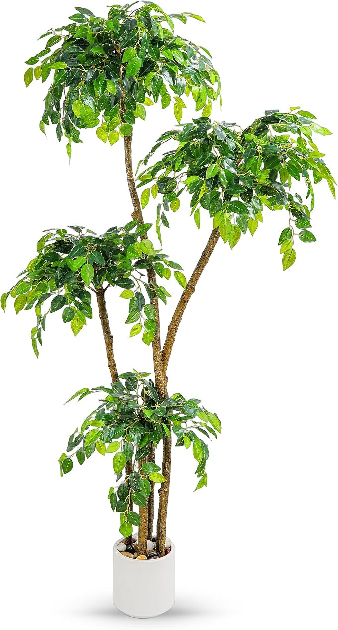 6FT Artificial Ficus Tree with White Planter and Pebbles,Faux Silk Tree with Lifelike Leaves and Realistic Trunk,Tall Fake Potted Plant for Home and Office Décor Indoor and Outdoor (6FT)
