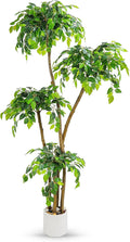 6FT Artificial Ficus Tree with White Planter and Pebbles,Faux Silk Tree with Lifelike Leaves and Realistic Trunk,Tall Fake Potted Plant for Home and Office Décor Indoor and Outdoor (6FT)