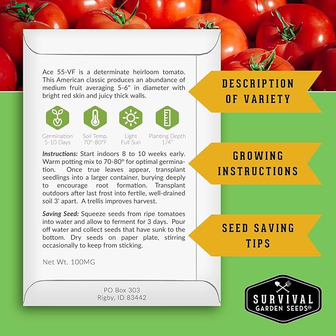 Tomato Seeds 10 Variety Pack for Planting - Black Krim, Roma, Cherry, Aunt Ruby's Green, Hillbilly, Mortgage Lifter, Brandywine, & More - Non-GMO Heirloom Tomatoes - Survival Garden Seeds