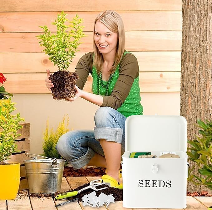 Seed Storage Organizer, T-Shape Compartment Seed Box with Safety Lock, Metal Seed Saving Box, Portable Seed Bin Container with Handle, Including 2 Pens 20 Plant Labels 50 Seed Envelopes-White