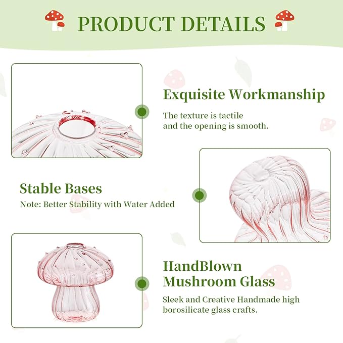 Glasseam Mushroom Glass Planter, Set of 5 Colored Plant Propagation Station, Mini Terrarium for Plants, Unique Small Glass Vase for Flowers, Cute Hydroponic Indoor Planters Gifts for Women Room Decor