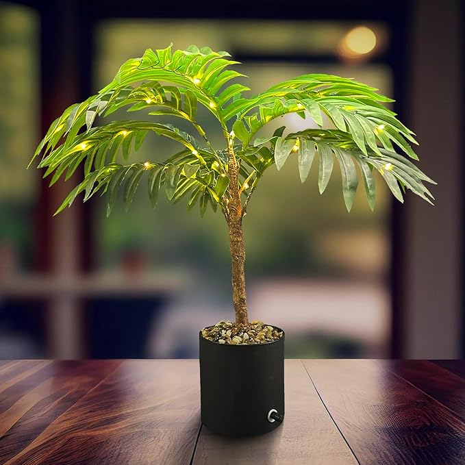20'' Lighted Palm Tree Faux Plant with LED Lights - USB & Battery Box Powered - Artificial Palm Tree for Living Room, Home Decor, Indoor Decoration (Palm Leaf)