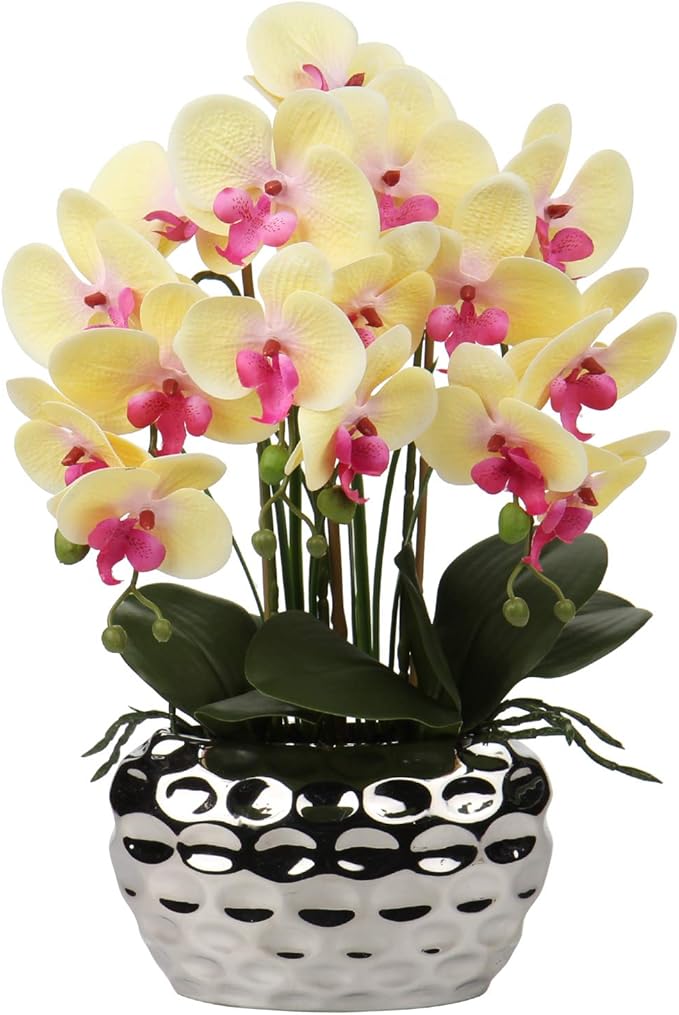 Briful Orchids Artificial Flowers 18" Orange Phalaenopsis Orchid with Silver Ceramic Pots Real Touch Faux Orchid Plant for Home Office Bathroom Living Room Wedding Decoration