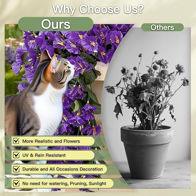 Artificial Flowers for Outdoors Fake Purple Morning Glory Hanging Flower Decoration, 2Pcs Realistic Faux Plants Petunias Long Trailing Vines,Spring Decor for Porch Patio Balcony Planter Yard