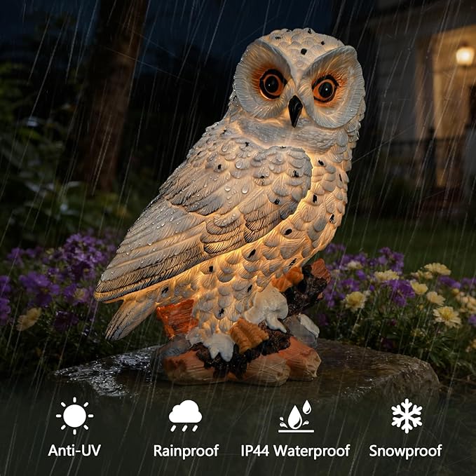 Solar Owl Garden Outdoor Statue,Owl Figurine Sculpture with LED Lights for Porch Patio Lawn Yard Deck Spring Decor - Mother's Day Housewarming Gift for Women Men Owl Lover(White)