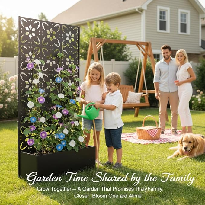QINPTWUT Cottage Romance Edition Privacy Screen Planter Box with Trellis, Metal Raised Garden Bed for Climbing Plants, 27 Gallon Outdoor Divider for Patio Balcony Backyard, Easy Assembly