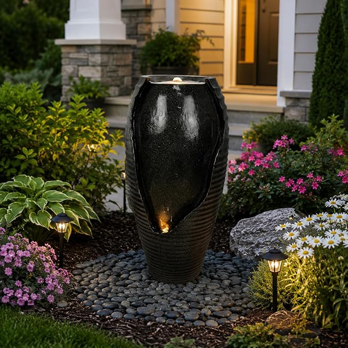 Floor Standing Resin Water Fountain Indoor Large Black Vase Water Feature with LED Light for Home Decor (Black)