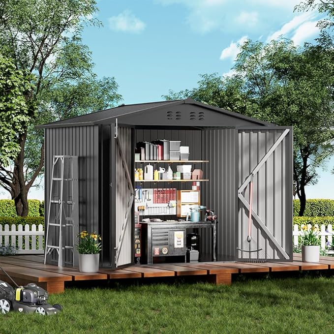 COMHOMA Shed Outdoor Storage Shed Metal,Lockable Doors Tool Sheds with Sloping Roof,Steel Garden Shed with Air Vent for Backyard,Patio,Lawn,Poolside(Grey,8'x6')