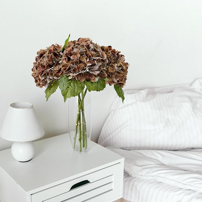 ZYTUYO 3PCS Brown Hydrangeas Artificial Flower 21" Real Touch Faux Latex Fake Hydrangeas Silk Bouquet for Home Kitchen Living Room Spring Table Office Wedding Party Arrangement