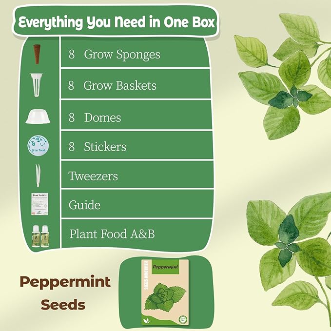 Herb Seed Pods Kit Hydroponic - Refill Pod for All Indoor Garden, 8 Grow Pods with Seeds of Peppermint & Plant Food, Compatible with All Hydroponics Growing Systems