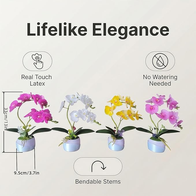 Artificial Orchid with 3D Printed Vase, Lifelike Fake Phalaenopsis Orchid Flowers, Realistic Silk Orchids for Home Decor Living Room (Light Purple)