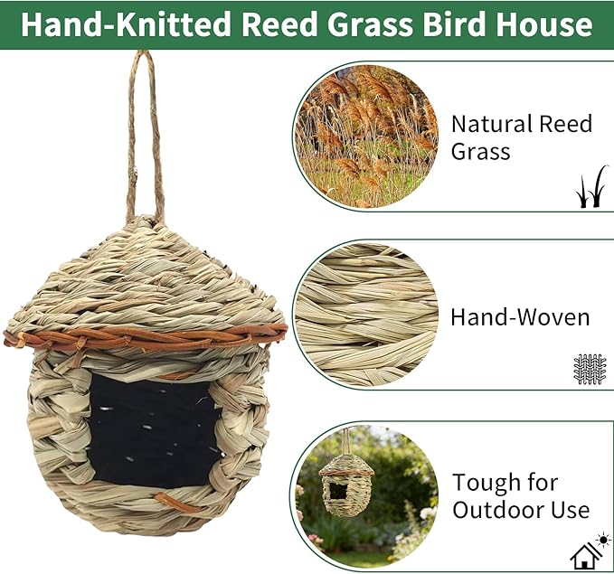 Gute Hummingbird House, Grass Hand Woven Birdhouses for Outdoors Hanging, Natural Bird Hut for Outside, Bird Houses for Audubon Finch Canary Chickadee - Set of 2