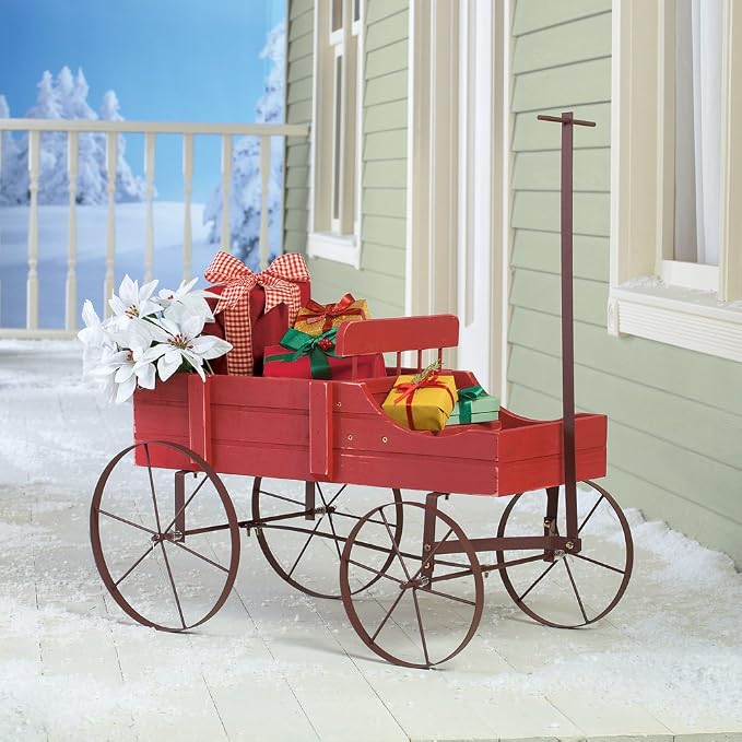 Collections Etc Amish Wagon Decorative Indoor/Outdoor Garden Backyard Planter, Red