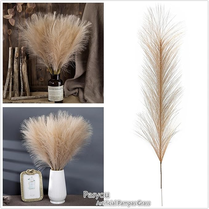 Faux Pampas Grass Plants Artificial Reeds Decoration Set of 28 Stems 17” Fake Florals Bulrush Fluffy Beige Branches for Boho Home Wedding Party Vase Fillers Christmas DIY Feathers Décor - Khaki 28 Pcs