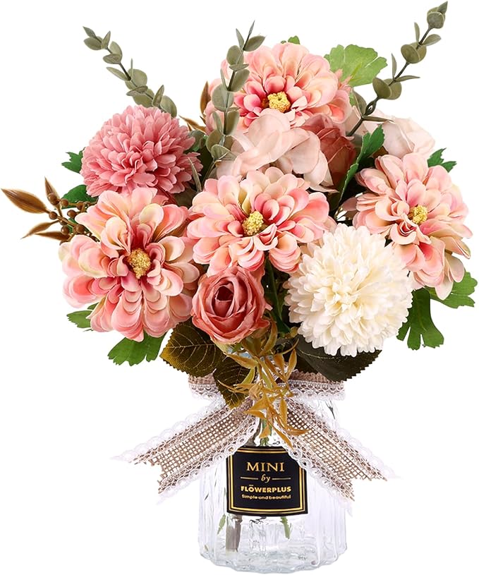 CEWOR Fake Flowers in Vase, Artificial Flowers with Vase Faux Silk Floral Arrangement Table Centerpieces Decor for Home Office Dining Farmhouse Coffee Table Living Room Bathroom Plant Decor (Pink)