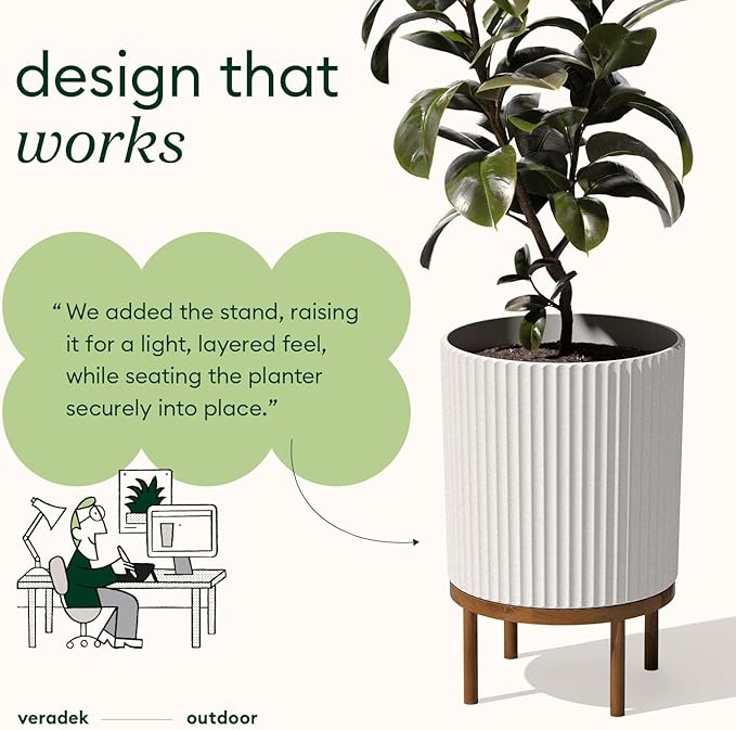 Veradek Demi Series Round Planter w/ Stand for Porch/Patio | Durable Plastic-Concrete & Wooden Stand | Modern Décor for Tall Plants, Flowers