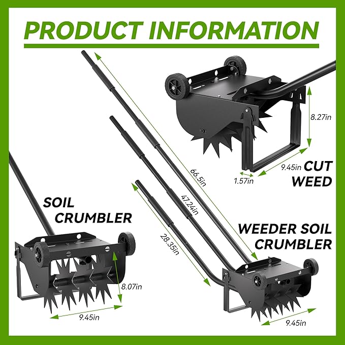 Lineware 9-Inch Lawn Aerator,Heavy Duty Push Spike Aerator with 2 Wheels,Aerator Lawn Tool with Steel Handle, Manual Aerator Lawn Tool with Foam Armrests, Suitable for Lawn, Garden and Yard