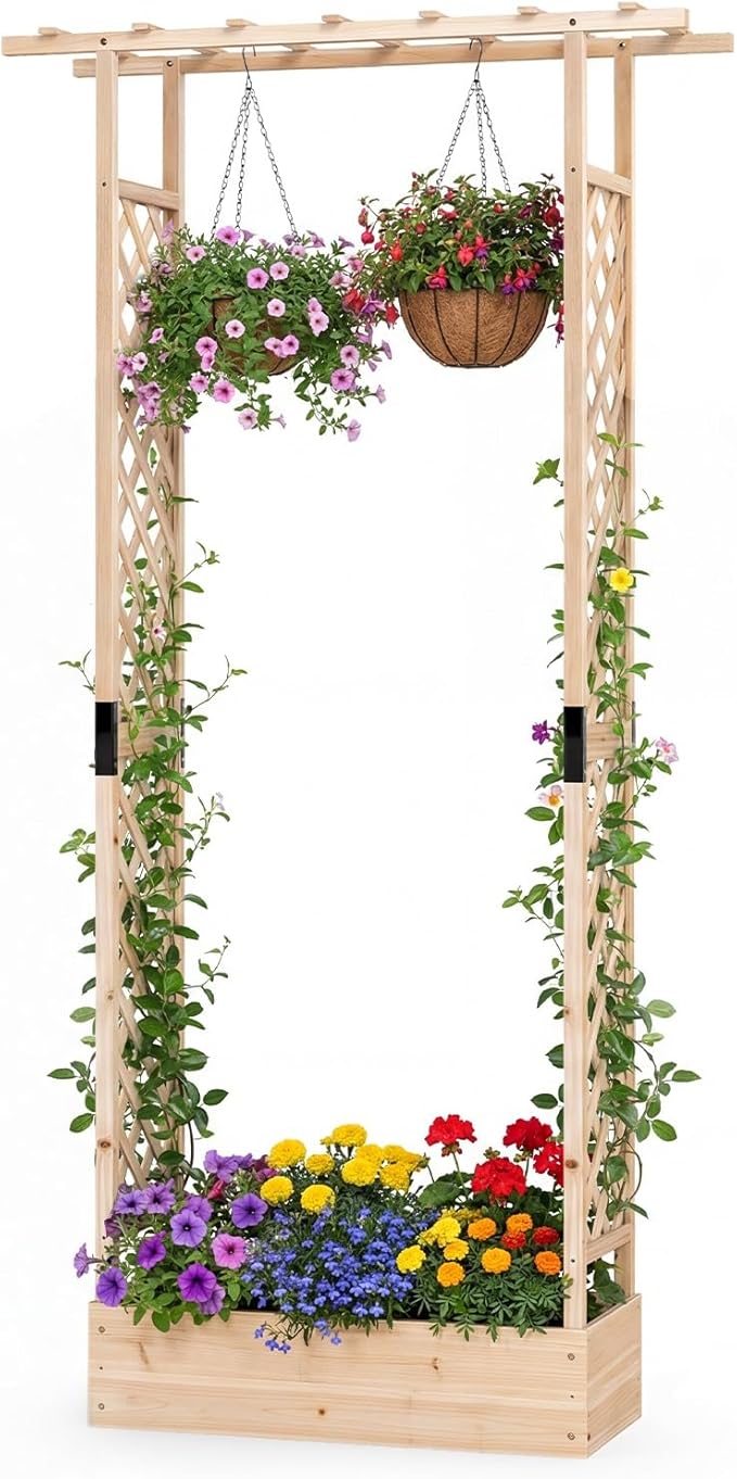 BECOMFORT Raised Garden Bed with Trellis & Hanging Roof, 89" Tall Fir Wood Planter Box with Drainage Holes, Outdoor Elevated Garden Planter for Climbing Vines, Perfect for Patio, Lawn & Backyard