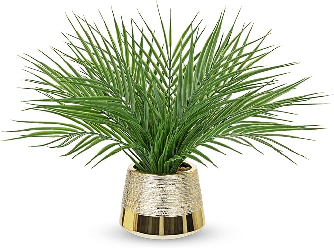 Briful Fake Plants Artificial Palm Leaf Plant in Gold Planter – 15’’ Tall Faux Tropical Greenery in Brushed Gold Pot for Modern Home Decor, Office Desk, Living Room, Shelf, Bathroom Decoration