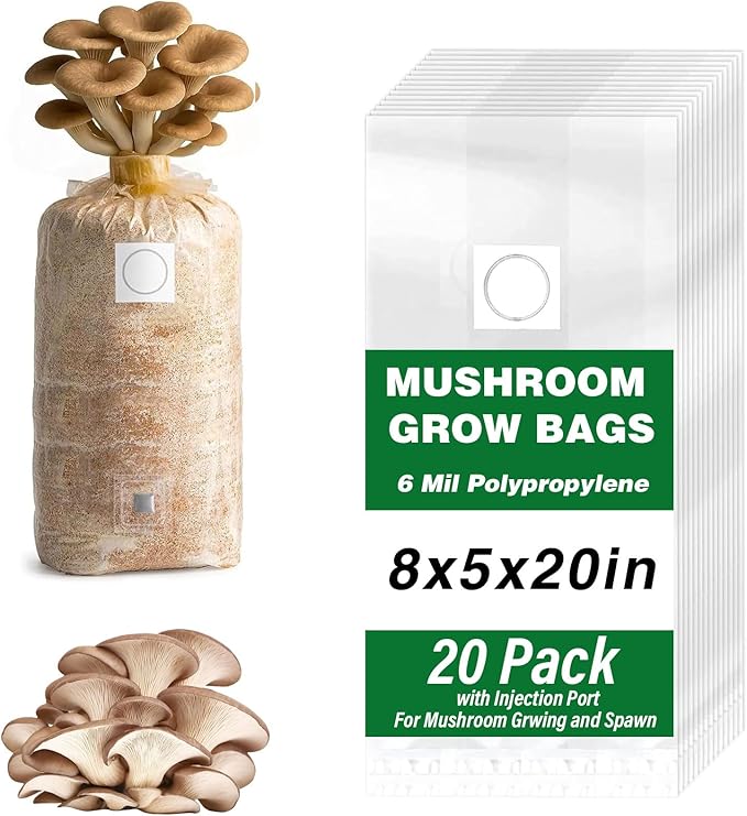 Mushroom Grow Bags, 20 Pack 6 Mil Polypropylene Mushroom Spawn Bag 8"x5"x20" 0.2 Micron Filter Patch, with Injection Port, Autoclavable Bags