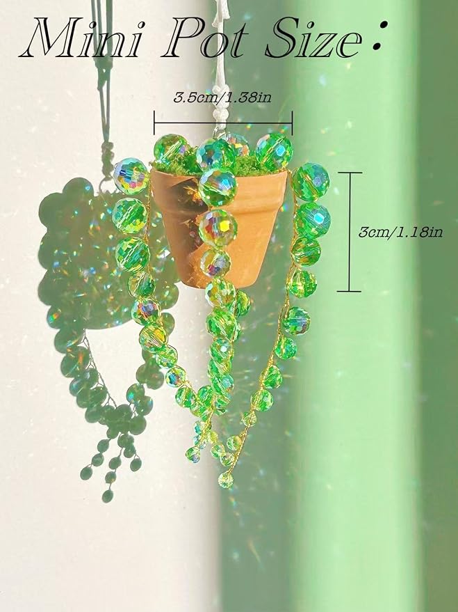 Bling Suncatcher String of Beads Plant Hanging, Handcrafted Crystal Succulent Sun Catchers for Window Hanging, Gardenn Crystal Sun Catcher Plant Lover Gift Mom Gifts (Green)