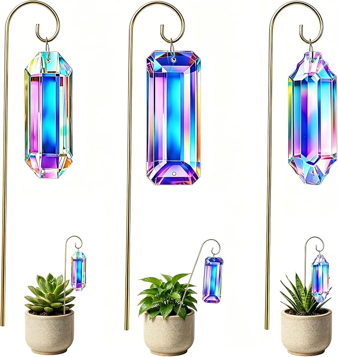3 Pack Big Crystal Suncatcher Plant Stakes with Golden Trellis – AB Colored Prisms for Indoor Potted Plants, Rainbow Maker Garden Sun Catcher, Window Hanging Crystals for Home Outdoor Decor