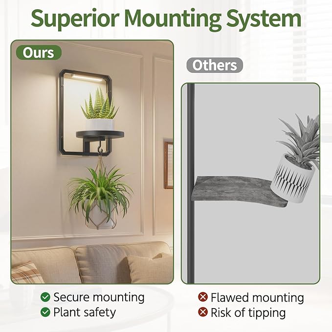 LASZOLA Plant Hangers Holder Wall Mount Indoor Window with 3 Grow Light, 3 Pack Floating Flower Stand Shelf with Hooks, Metal Picture Frame Hanging Planter Display Decor for Kitchen Bathroom, Black