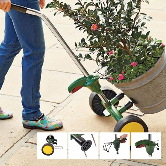 Garden Pot Mover Dolly Heavy Duty Plant Caddy Wheeled Trolley with Adjustable Handle Flat Free Wheels for Plant Pot