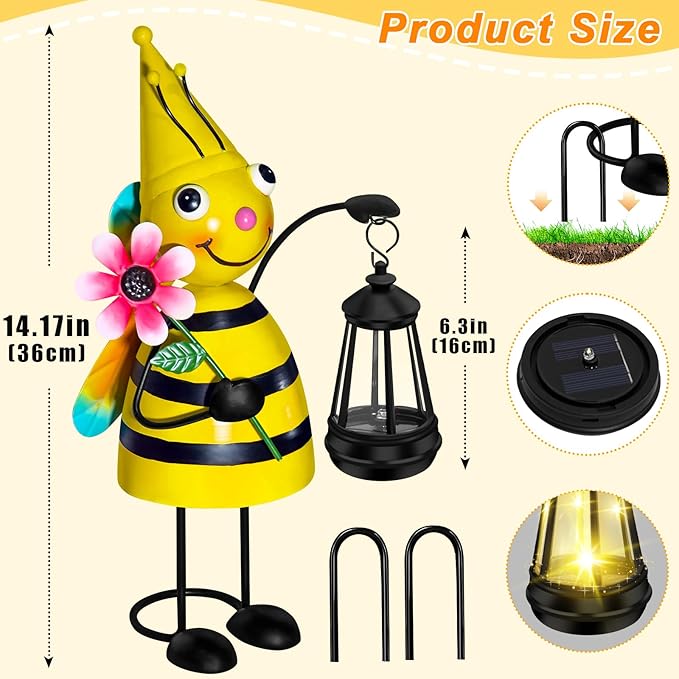 Solar Garden Bee Statue with LED Lantern,14.17 Inch Outdoor Waterproof Bee Figurine Decoration for Patio,Balcony,Yard,Lawn,Birthday Gifts for Women Grandma