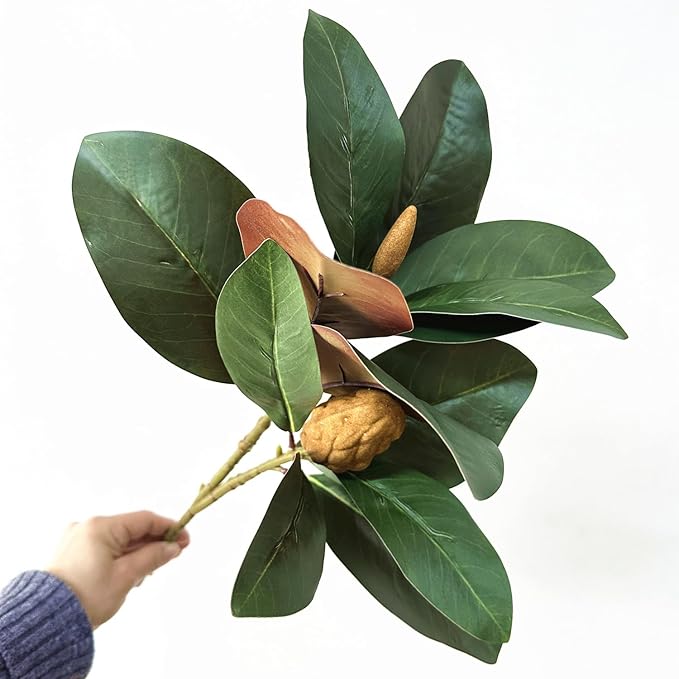 Artificial Magnolia Plants 18 Inch, Fake Magnolia Leaves Stems Faux Greenery Big Leaf Branches Shrubs Houseplant Decor for Indoor Outdoor Home Garden Wedding Table Centerpiece Vase Decoration 2 Pack