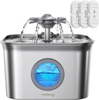 Stainless Steel Cat Water Fountain, 2.8L with 20dB Ultra-Quiet Pump- Ideal for Timid Pets, LED Water Level Window, Dishwasher Safe, 24/7 Circulation- Includes 3 Replacement Filters