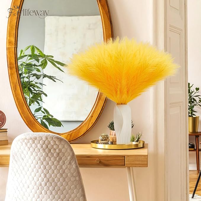 50PCS Pampas Grass Decor, 17" Yellow Pompas Grass, Fluffy Small Pampas Grass for Vase Filler Home Wedding Wall Table Party Decoration