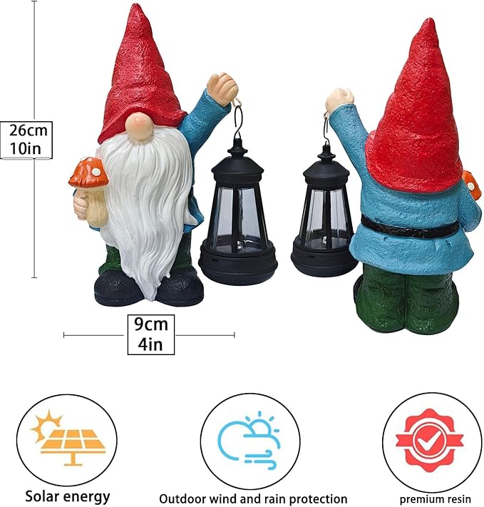 Garden Gnomes Statue with Solar Outdoor Lights, Resin Outdoor Solar Gnome Decorations for Yard Garden, Patio Gnome Gifts for Mom (Art Deco)