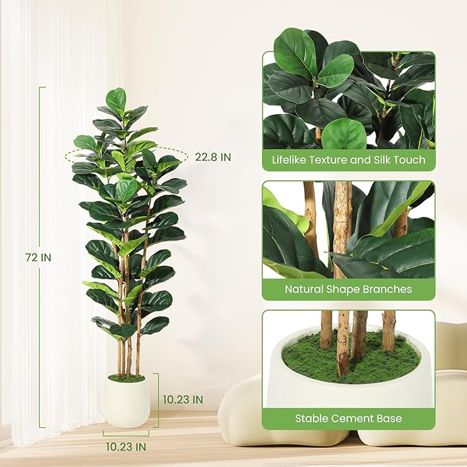 6FT Artificial Fiddle Leaf Fig Tree - Faux Rubber Tree with White Pot - Tall Fake Floor Plant with 74 Leaves - Artificial Plant for Home Decor Indoor Office Living Room