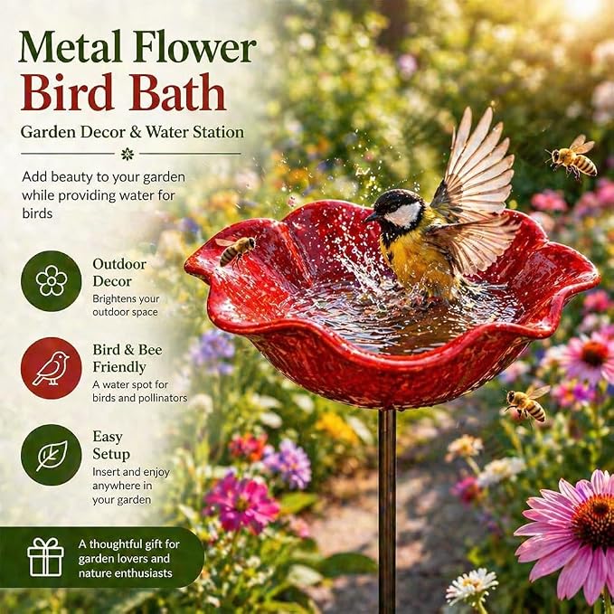 Metal Flower Garden Stakes Bird Bath, Handmade Metal Flower Garden Stake with Bee Bath, Bird Water Bowl Water Station for Outdoor Yard Lawn Patio Decor (Yellow)