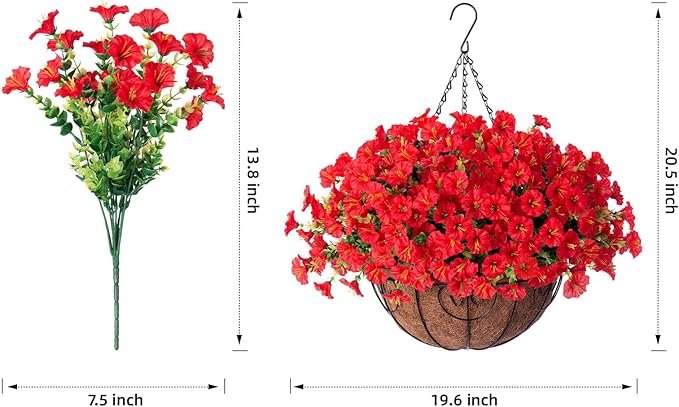 HyeFlora Artificial Fake Hanging Flowers for Outdoors Baskets Spring Decor, Faux Hanging Plants Outside Silk Morning Glory in Planter Look Real UV Resistant for Outdoor Porch Patio Garden Home, Red