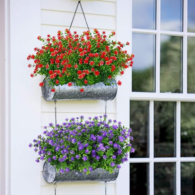 6 Bundles Outdoor Artificial Flowers UV Resistant Fake Boxwood Plants, Faux Plastic Greenery for Indoor Outside Hanging Plants Garden Porch Window Box Home Wedding Farmhouse Decor (Red)