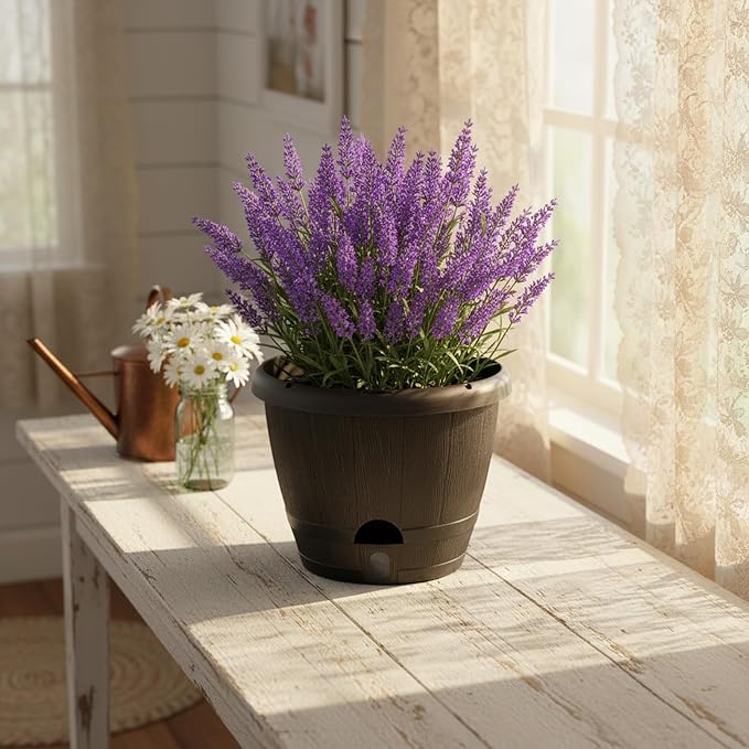 SUN-E 10 Inch Self Watering Planter Pots 3Pack-Dark Brown Realistic Wood Grain with Water Level Indicator, Drainage Holes&Saucer Whiskey Barrel Planters Plastic Flower Pots,Plants & Decor Not Included