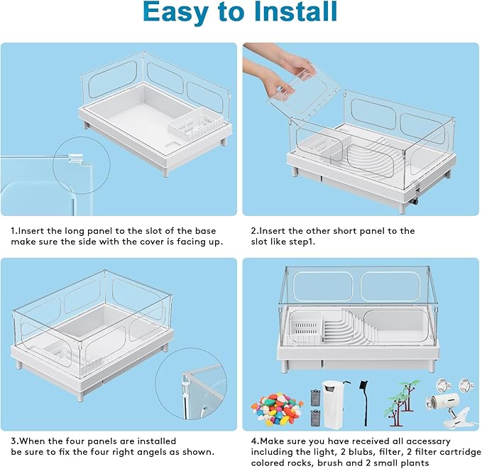 Turtle Tank Kit - Starter Aquarium with Light, Filter, Brush, Easy to Install & Clean, for Turtles, Crabs, Small Reptiles