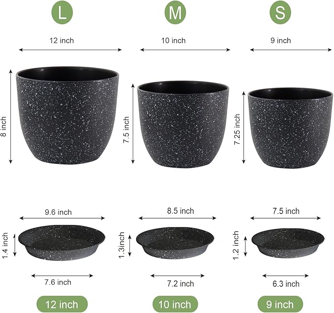 WSMKSZ Large Flower Pots 12/10/9 inch, Set of 3 Modern Decorative Plastic Planters with Drainage Holes and Saucers for Garden House Plants, Plant Pots for Indoor Outdoor Plants, Speckled White