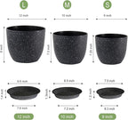 UOUZ 12/10/9 Large Modern Plant Pots, Plastic Planters with Drainage Holes and Saucers for Indoor Outdoor Plants Flowers, Black Speckles
