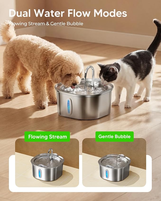 PEKTACO Stainless Steel Cat Water Fountain, 3.2L/108oz Cat Water Dispenser with Quiet Water Pump, Dishwasher Safe Pet Drinking Fountain for Cats