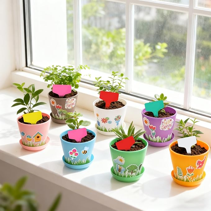 30 Pack Garden Paper Pot Craft Kit, Durable Resin Garden Pot with Tray Drainage Holes Adhesive Stickers Certificate of Award with Tag, Flower Plant Spring Craft for Classroom Home DIY Flower Planting