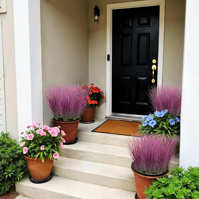12 Bundles Artificial Grass Plants Outdoor Tall Faux Shrubs Greenery Stems Fake Onion Grasses Wheat UV Resistant for Outside Garden Indoor Office Home Decor（Pink）