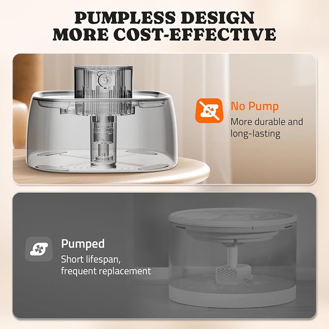 Pumpless Cat Water Fountain Stainless Steel, Automatic Cordless Cats and Dogs Water Dispenser 108oz/3.2L, Pawtners Pet Fountain with Smart Indicator &150° Motion Sensor