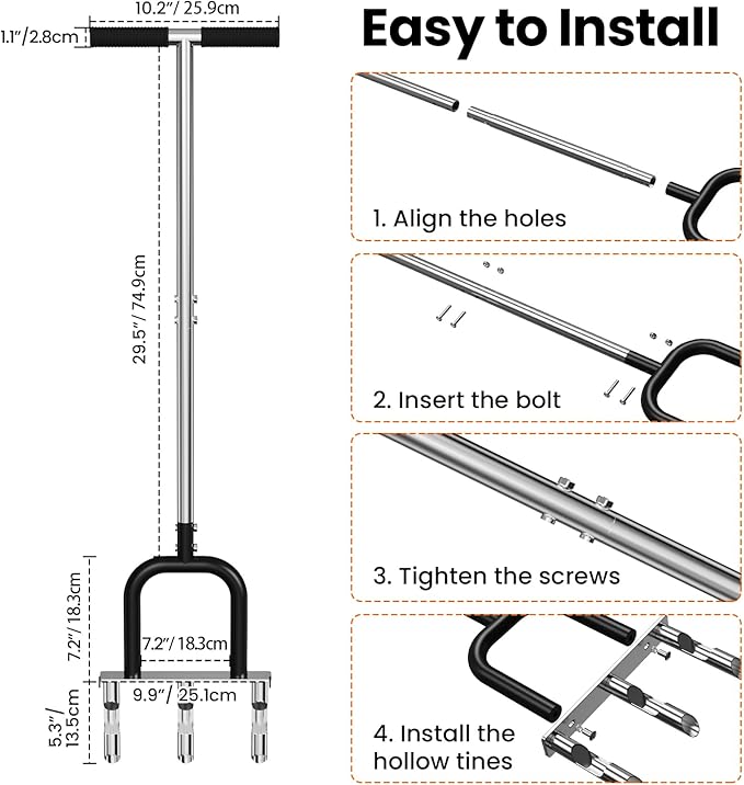 Lawn Aerator, Stainless Steel Lawn Aerator Tool with 3 Hollow Tines, Yard Grass Soil Core Aerator, Manual Lawn Plug Aerators, Core Aeration Tool for Lawn Garden Compacted Soil (Black)