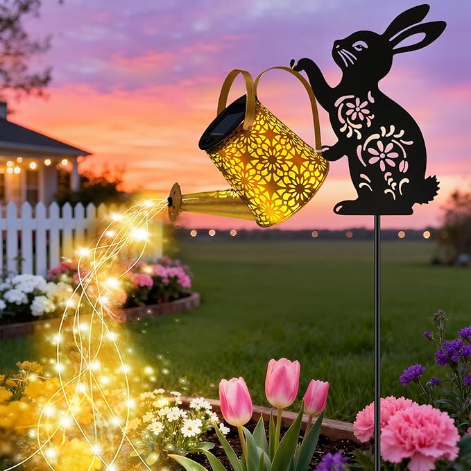 Solar Watering_Can Lights, Bunny Hanging Lantern Solar Lights Outdoor, Rabbits Lover Gifts for Mom Women Birthday Mother's Day Christmas, Waterproof Garden Decor Outside Patio Yard Pathway Backyard