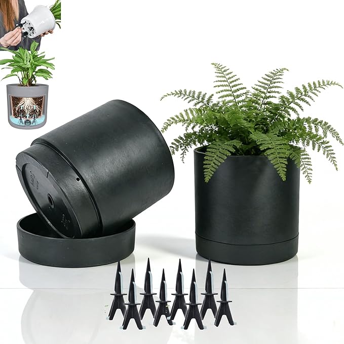 GreenShip Set of 2 Indoor Plant pots, Cylinder Planters with Drainage Hole and Planter Saucer, Jun Porcelain Clay & Recycled Resin, Decorate Home,Office & Outdoor,Black pots, 13.7in+11.8in